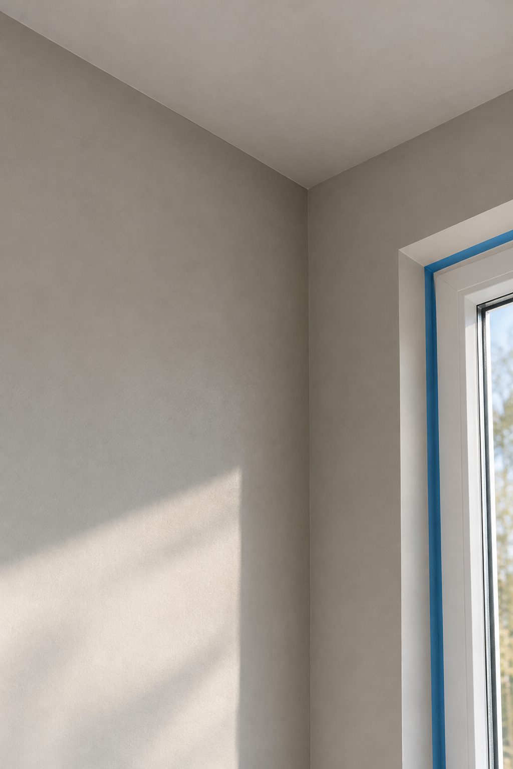 Sfeerbeeld: vers gestuukte wand en plafond in strijklicht, met afplaktape langs het kozijn